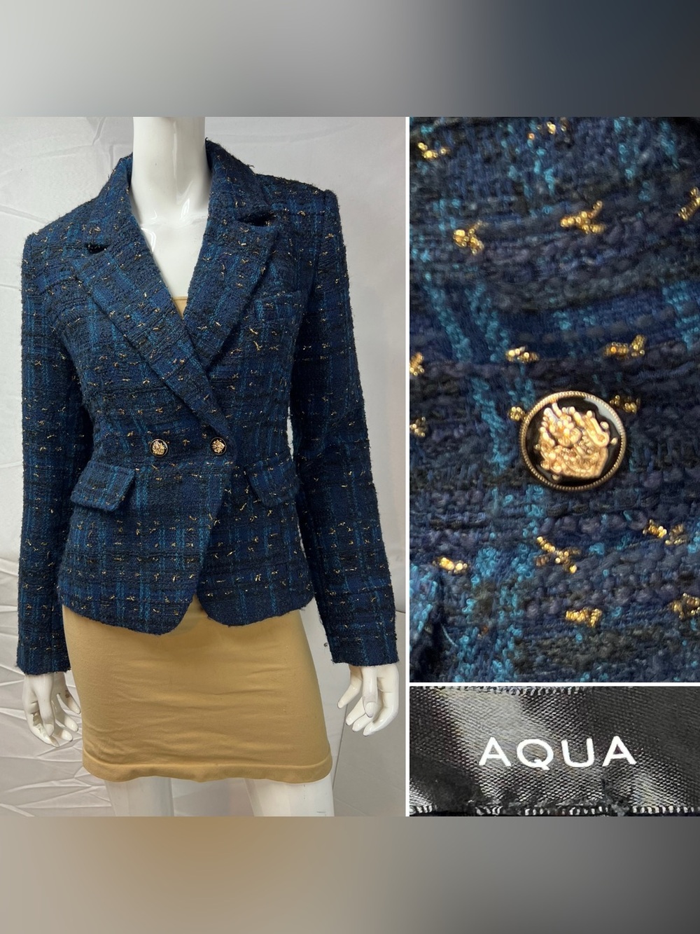 Aqua Women’s M Blue Gold Tweed Plaid Double Breasted Blazer Jacket